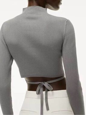 Babaton Gray Ribbed Tie-Back Crop Top